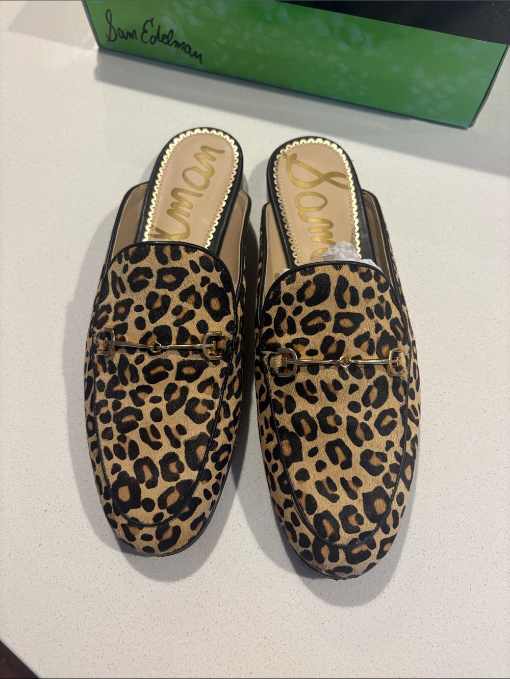 Sam Edelman Leopard-Print Slide Mules with Gold Buckle - Picture 2 of 3